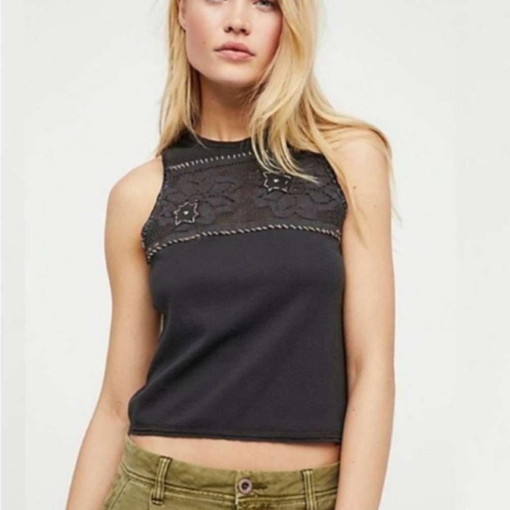 Free People We the Free Window Crochet Black Tank Top